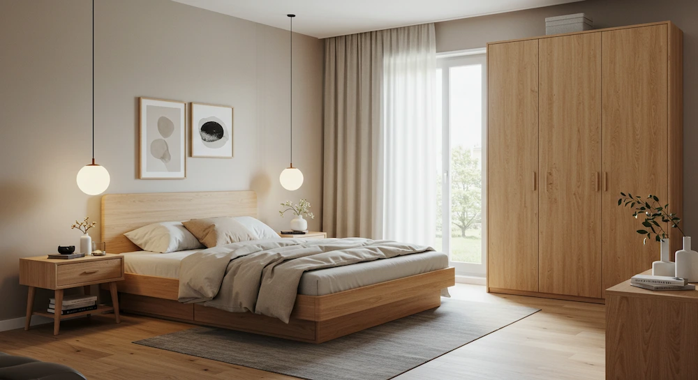 Quarto escandinavo com móveis de linhas retas e funcionais em madeira clara, cama bem arrumada e decoração minimalista em tons neutros, unindo beleza, praticidade e aconchego.