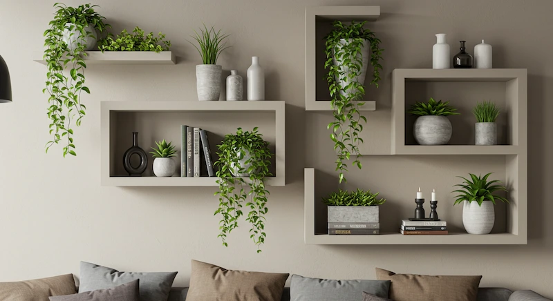 Nichos e prateleiras decorados com plantas artificiais pendentes, vasos de diferentes formatos e objetos decorativos, criando profundidade e movimento em parede interna moderna.