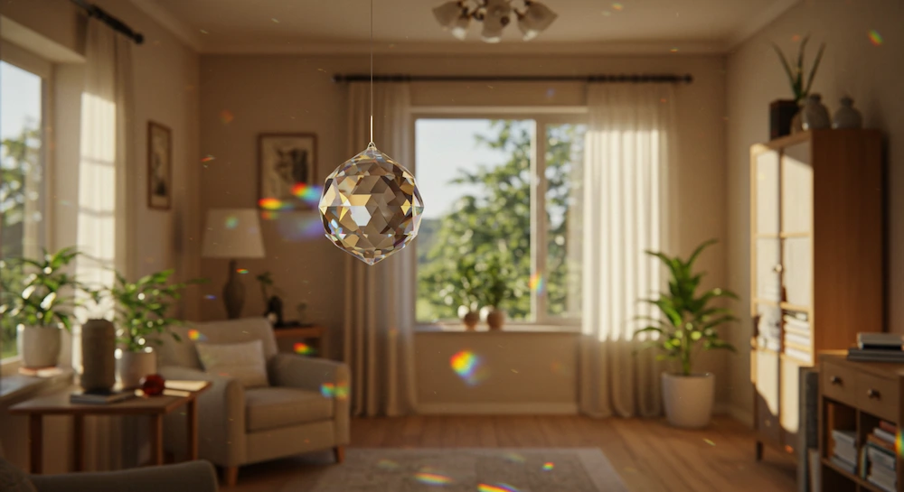 Cristal multifacetado pendurado próximo à janela com reflexos de arco-íris no ambiente, usado no Feng Shui para energizar e harmonizar a casa.