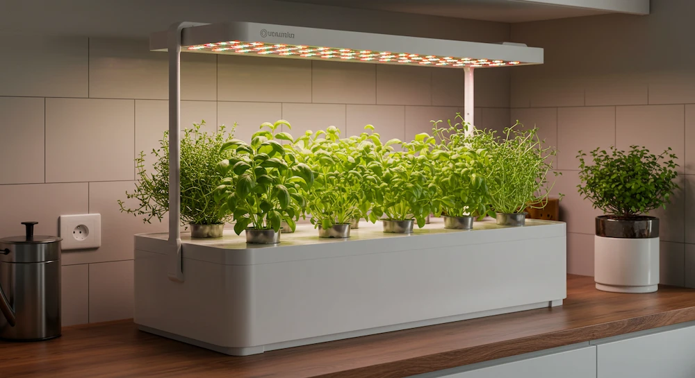 Um jardim hidropônico exuberante e verdejante prospera na cozinha, com sua folhagem vibrante iluminada por uma luz suave e difusa. Folhas verdes e ervas aromáticas balançam suavemente, com caules e folhas intrincadamente detalhados, revelando o funcionamento complexo de um ecossistema interno autossustentável. O design elegante e minimalista do sistema hidropônico combina perfeitamente com a cozinha moderna, com suas linhas limpas e superfícies polidas refletindo a beleza natural das plantas. A cena exala uma sensação de tranquilidade e autossuficiência, convidando o observador a imaginar os ingredientes saborosos e cultivados em casa que em breve enfeitarão a mesa.