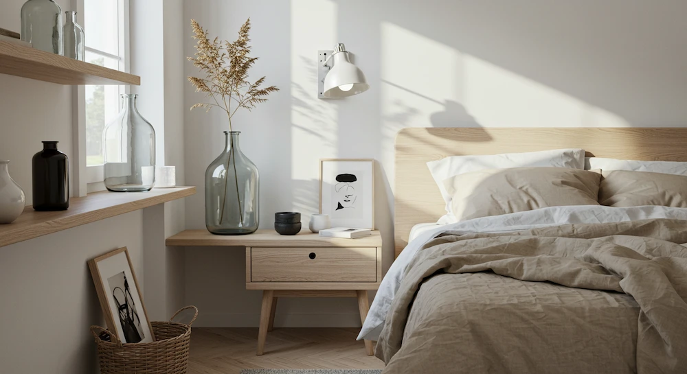 Quarto escandinavo com objetos decorativos simples e significativos, como vasos de vidro e peças de cerâmica, cama bem arrumada e paleta neutra, criando ambiente minimalista e acolhedor.