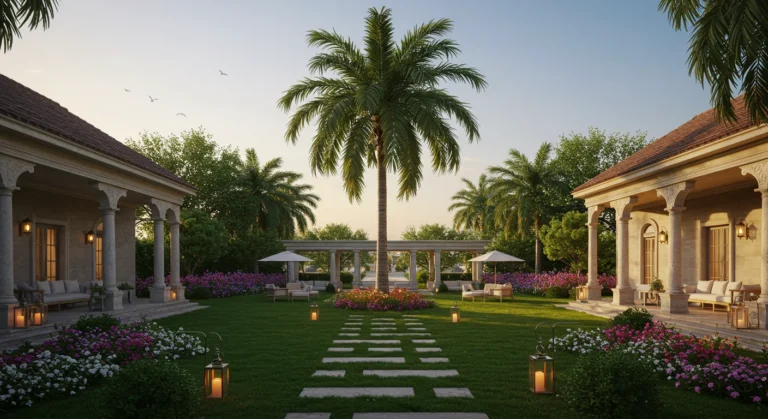 Palmeira Imperial em jardim tropical luxuoso com gramado aparado, flores exóticas e iluminação de fim de tarde