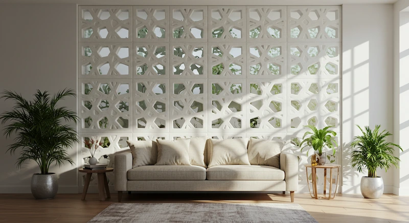 Sala de estar moderna com parede decorativa de cobogós brancos em destaque, criando efeitos de luz e sombra, com sofá neutro e decoração minimalista.