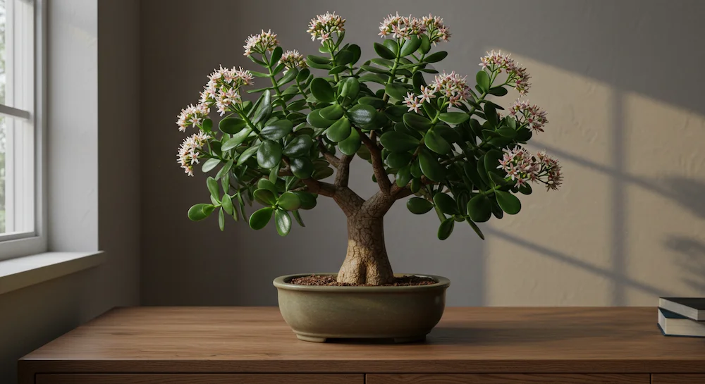Planta-jade (Crassula ovata) com tronco lenhoso estilo bonsai e folhas verdes brilhantes, em vaso decorativo sobre aparador, florescendo no inverno/primavera.