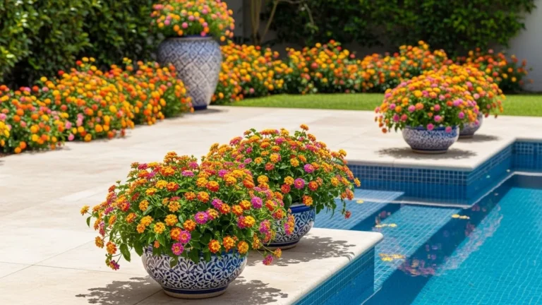 Lantana colorida próxima à piscina em jardim brasileiro, com flores resistentes ao sol pleno e paisagismo de baixa manutenção.