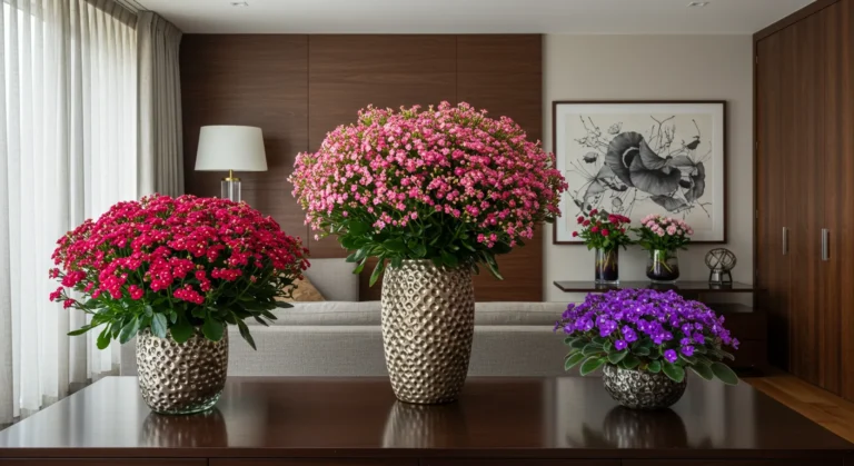 Sala moderna e luxuosa com até três plantas com flores – Kalanchoe, Medinila e Violeta Africana – dispostas em vasos elegantes, decorando ambientes internos com sofisticação, luz natural e cores harmoniosas.