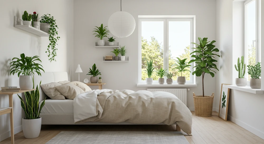 Quarto escandinavo com cama bem arrumada, móveis de madeira clara e plantas como espada-de-são-jorge, suculentas e cactos, trazendo vida e equilíbrio ao ambiente minimalista.
