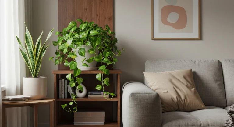 Sala de estar moderna e elegante com decoração minimalista, iluminada por luz natural. Uma jiboia com folhagem verde exuberante aparece em uma prateleira de madeira, enquanto uma espada de São Jorge em vaso de cerâmica está posicionada ao lado do sofá, criando equilíbrio e sensação de abundância.