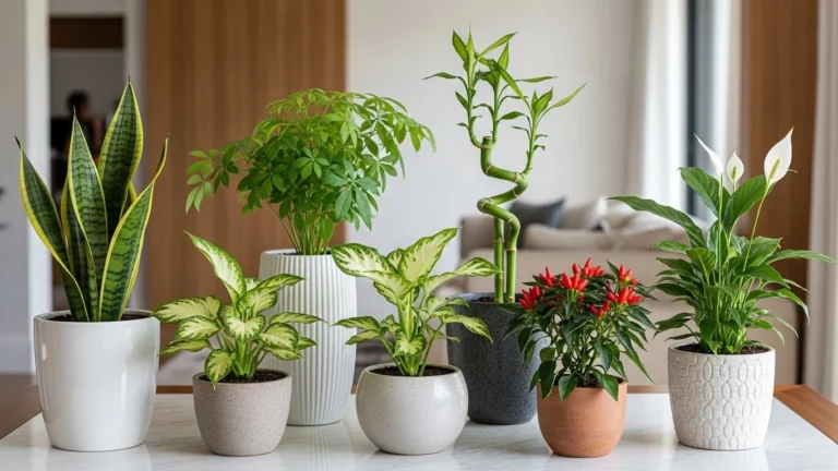 Plantas que protegem do mau olhado em vasos decorativos sobre mesa, em ambiente interno de casa brasileira contemporânea, transmitindo proteção e boas energias.