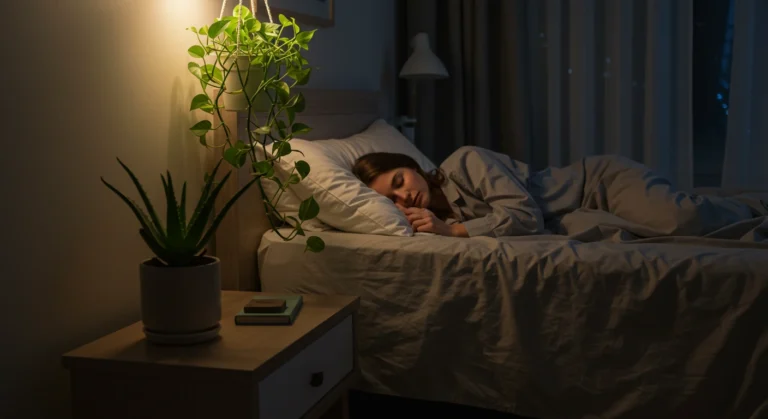 Quarto aconchegante com uma mulher dormindo tranquilamente, decorado com planta jiboia pendente e aloe vera no criado-mudo, transmitindo relaxamento e purificação do ar.