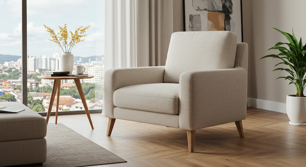 Sala moderna no Brasil com poltrona fixa bege de design elegante e pés de madeira, posicionada próxima à janela para valorizar a vista e o conforto.