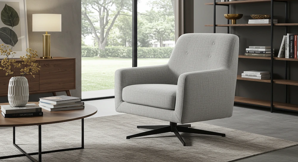 Sala moderna no Brasil com poltrona giratória cinza de design contemporâneo e base metálica, destacando conforto, praticidade e rotação suave.