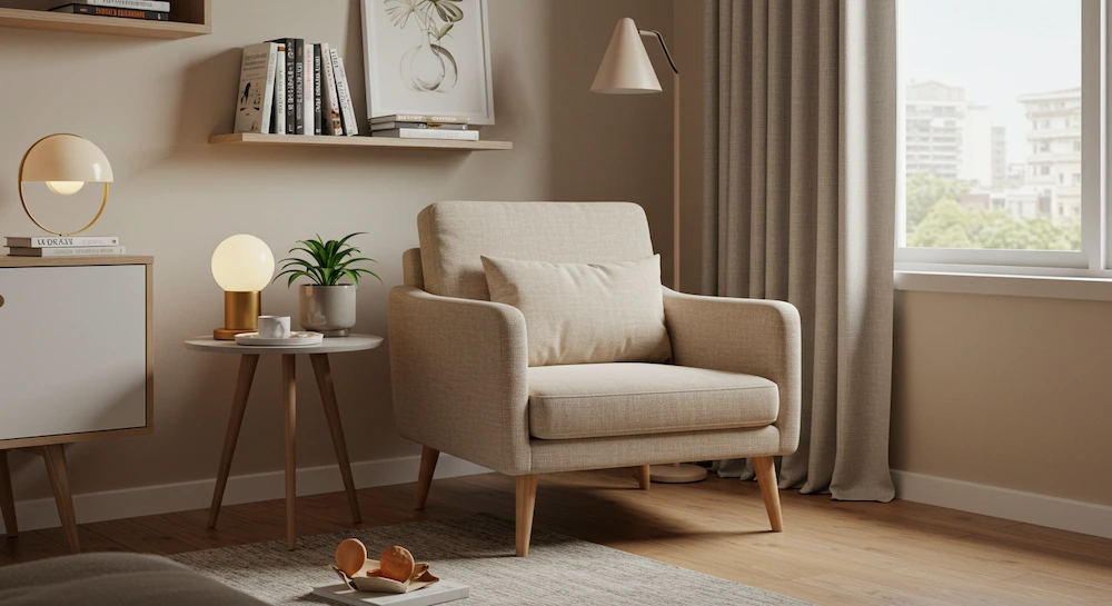 Sala pequena e aconchegante com poltrona compacta bege de design minimalista, ideal para otimizar espaços sem perder conforto e estilo.