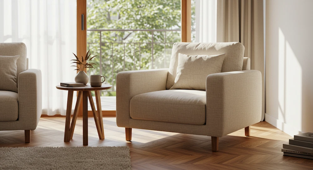Sala de estar brasileira moderna com poltrona minimalista bege, linhas limpas e decoração aconchegante, transmitindo conforto e elegância.