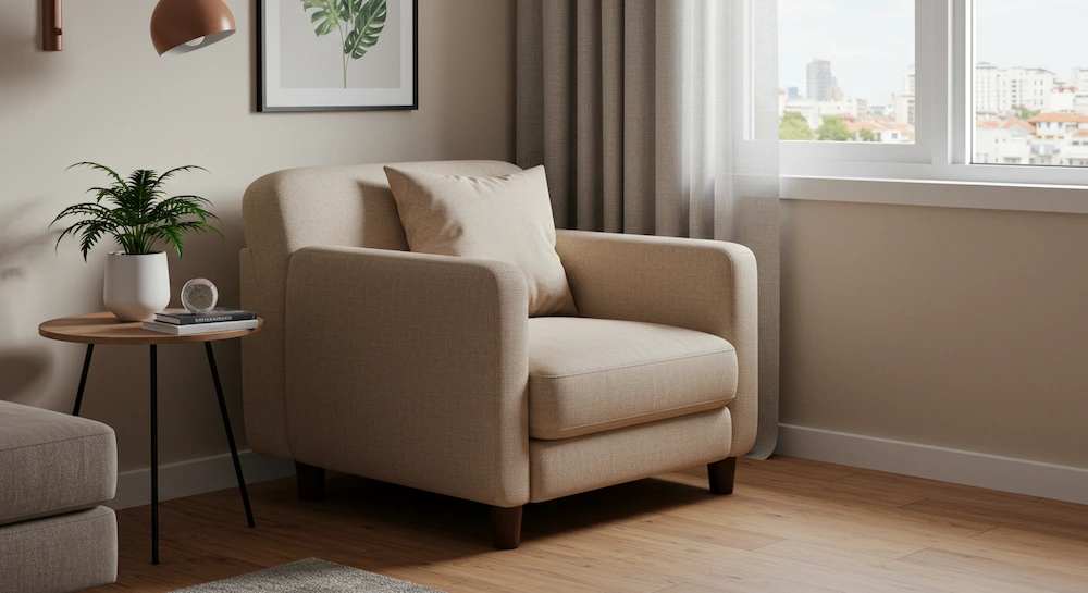Sala de apartamento pequeno no Brasil com poltrona minimalista bege, design compacto e confortável, ideal para economizar espaço com estilo.