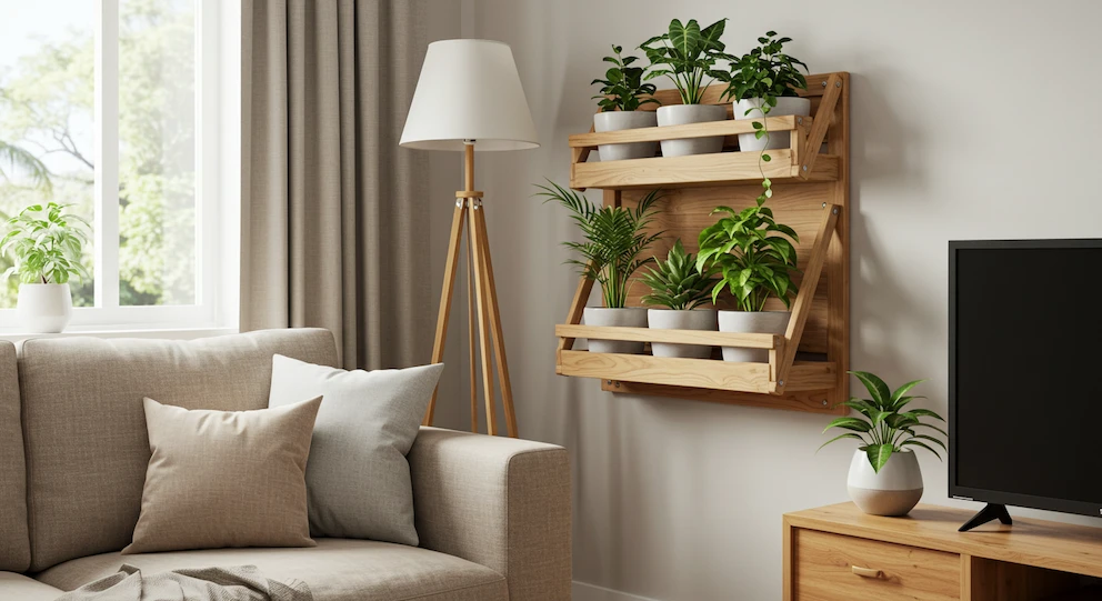 Prateleira floreira dobrável de madeira pinus com plantas em sala moderna brasileira, prática e versátil para espaços pequenos.