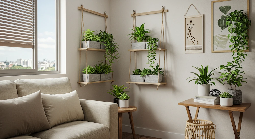 Prateleira floreira suspensa com plantas em espaço pequeno de sala brasileira moderna, otimizando área com estilo e organização.