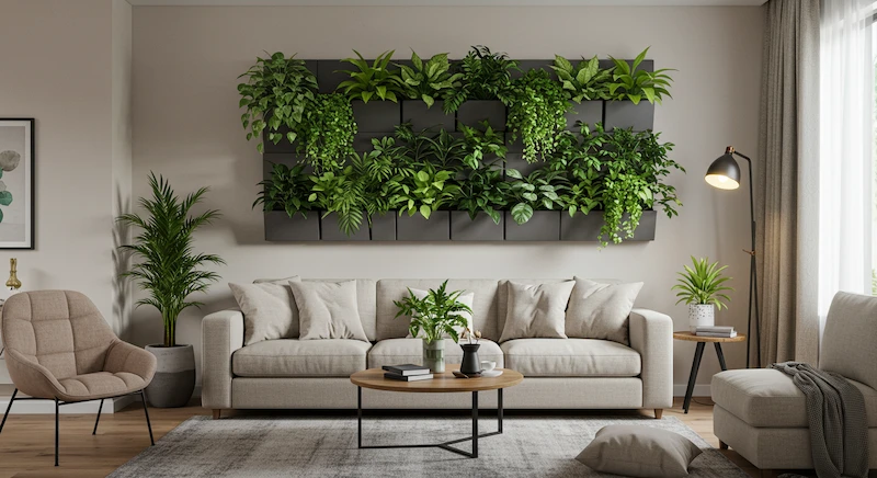 Prateleira floreira de parede com plantas verdes em sala moderna brasileira, criando uma parede viva e economizando espaço.