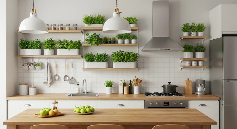 Cozinha contemporânea brasileira com prateleiras floreiras elegantes exibindo ervas frescas, unindo charme e praticidade na decoração.