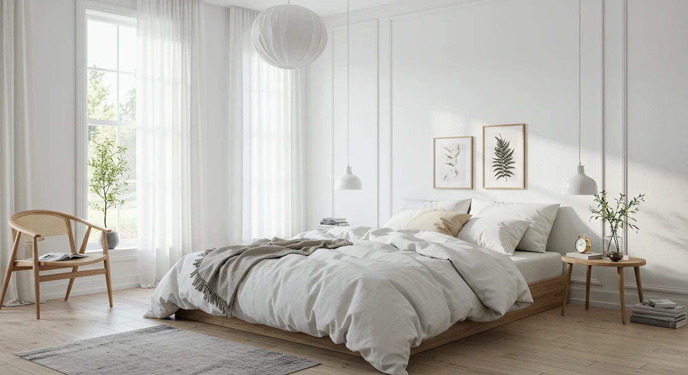 Quarto escandinavo com cama bem arrumada, predominância de branco e tons neutros como bege e cinza, móveis de madeira clara e iluminação natural, criando ambiente clean e aconchegante.