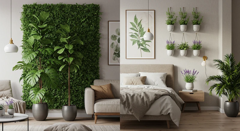 Sala de estar com plantas artificiais grandes como costela-de-adão e ficus, e quarto com lavanda artificial e folhagens suspensas, criando conexão visual e atmosfera aconchegante.
