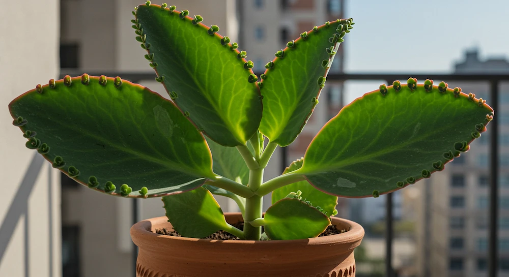 Suculenta orelha-de-elefante (Kalanchoe tetraphylla) com folhas grandes e decorativas, cultivada em vaso para varanda protegida, resistente à seca e salinidade.