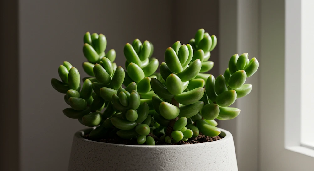 Suculenta Orelha-de-Shrek (Crassula ovata ‘Gollum’) com folhas tubulares verdes de pontas avermelhadas, cultivada em vaso decorativo em ambiente interno com luz difusa.