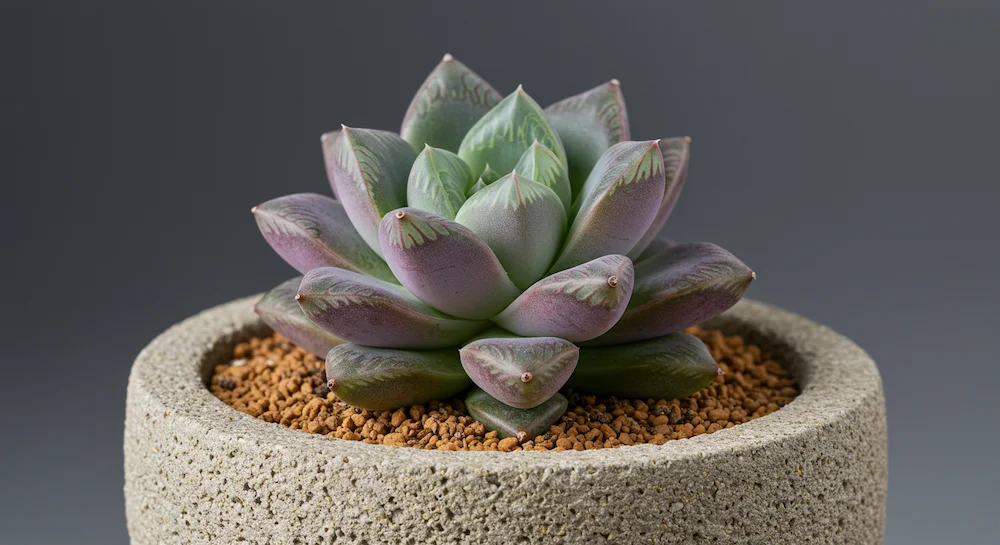 Planta-diamante (Pachyphytum compactum) com folhas facetadas que mudam de cor conforme a luminosidade, ideal para canteiros e mini-jardins.