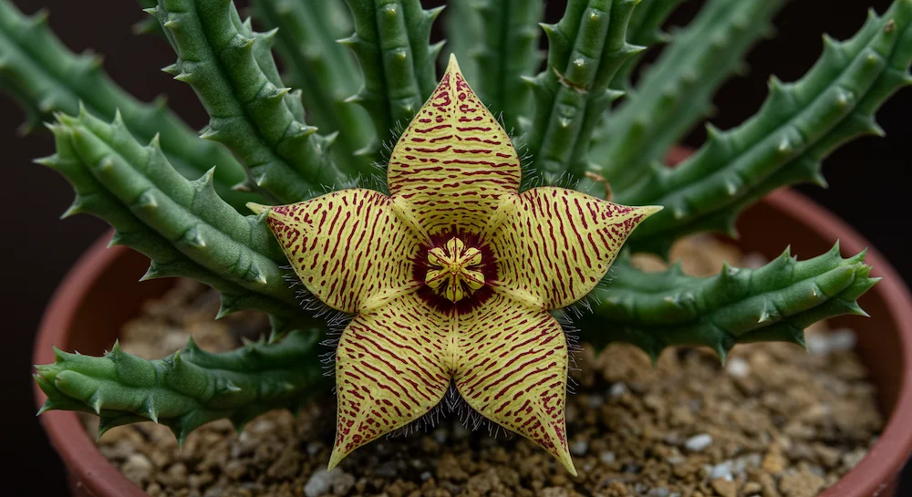 Tapete-persa (Edithcolea grandis) com flor exótica em formato de estrela, amarela com manchas vermelho-vinho, cultivada em vaso de solo bem drenado e protegida do sol direto.