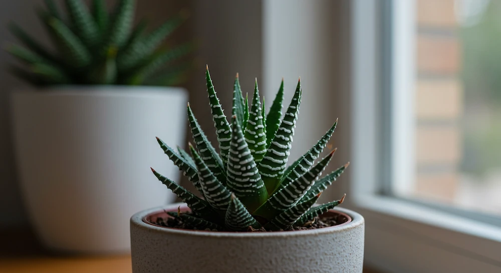 Suculenta-zebra (Haworthia fasciata) em vaso decorativo, planta compacta com folhas verdes triangulares e listras brancas, ideal para cultivo em casa.