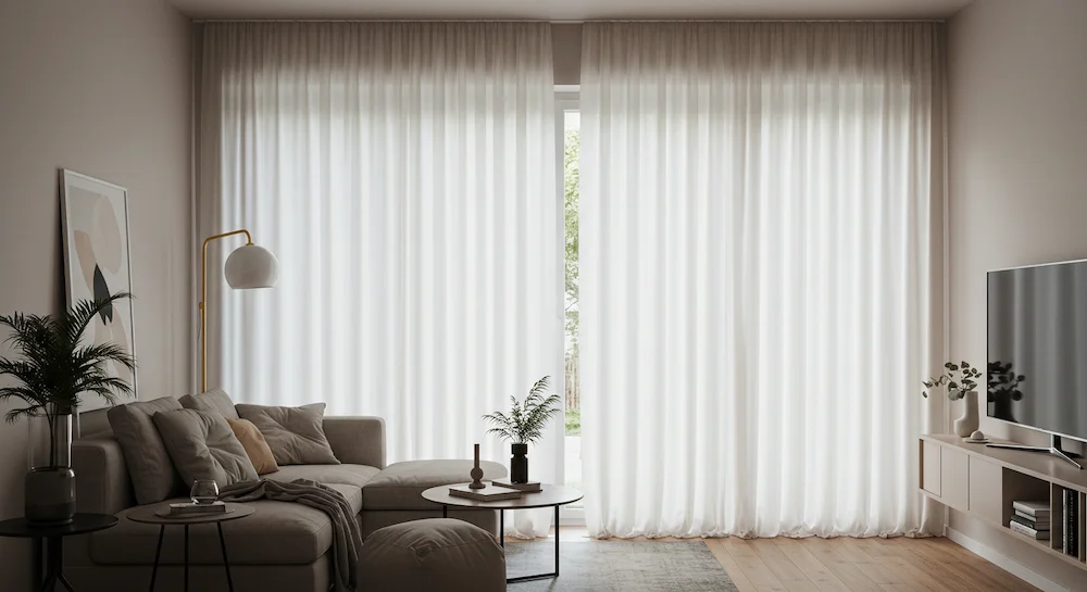 Sala pequena decorada com cortinas do teto ao chão em tecido leve e neutro, criando sensação de pé-direito mais alto e ampliando o espaço com entrada de luz natural.