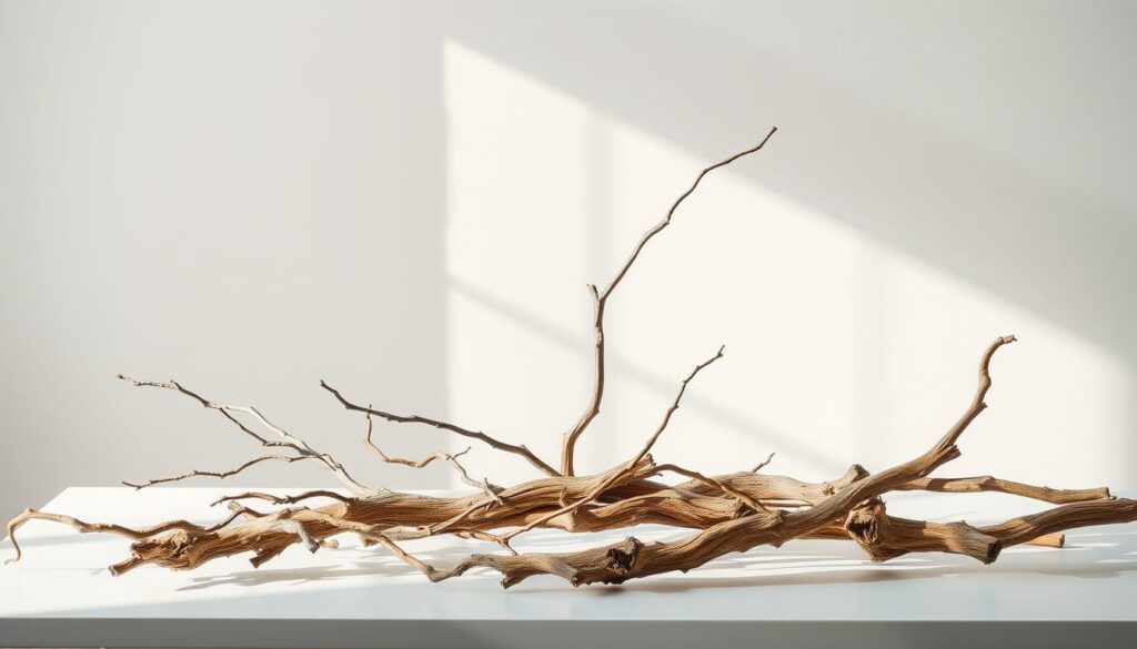 A beautifully arranged still life showcasing the natural elegance of dried branches in an interior decor setting. The branches, in various sizes and textures, are meticulously placed on a sleek, minimalist table, creating a captivating interplay of light and shadow. The lighting is soft and diffused, casting a warm, inviting glow that highlights the intricate patterns and subtle hues of the weathered wood. The background is simple yet refined, allowing the dried branches to take center stage and command the viewer's attention. This image evokes a sense of rustic sophistication, perfectly capturing the essence of how dried branches can be utilized to elevate the aesthetic appeal of any indoor environment.