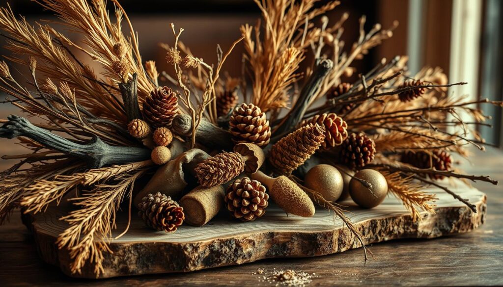 A beautifully lit natural vignette showcasing a variety of dried branches, pinecones, and other organic elements artfully arranged on a rustic wooden surface. The warm, golden tones of the lighting create a cozy, inviting atmosphere, perfectly complementing the earthy, textural quality of the materials. The composition is balanced and visually striking, highlighting the inherent beauty and versatility of these simple, natural materials. The image evokes a sense of serenity and connection with the natural world, capturing the essence of how dried branches and other natural elements can be seamlessly integrated into interior design.