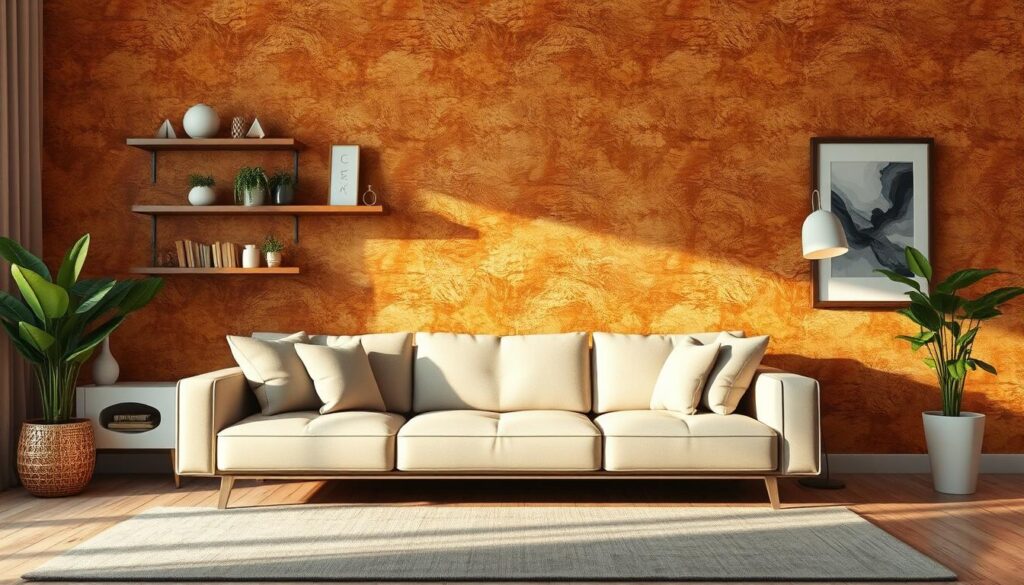 A cozy and inviting living room with a modern sofa as the focal point. The wall behind the sofa is adorned with a stunning, textured wallpaper in warm earthy tones, creating a serene and elegant backdrop. Decorative elements such as floating shelves, potted plants, and abstract artwork add visual interest and depth to the space. Soft, diffused lighting casts a gentle glow, enhancing the overall ambiance. The room is designed to be visually appealing and perfectly suited for a Brazilian audience, reflecting current interior design trends. Uma sala de estar aconchegante e convidativa com um sofá moderno como ponto focal. A parede atrás do sofá é adornada com um papel de parede texturizado deslumbrante em tons terrosos quentes, criando um cenário sereno e elegante. Elementos decorativos como prateleiras flutuantes, vasos de plantas e obras de arte abstratas adicionam interesse visual e profundidade ao espaço. A iluminação suave e difusa cria um brilho suave, realçando o ambiente geral. O ambiente foi projetado para ser visualmente atraente e perfeitamente adequado ao público brasileiro, refletindo as tendências atuais de design de interiores.