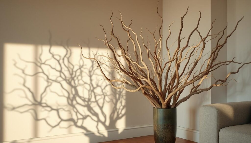 A cozy corner in a well-lit living room, adorned with an array of dry, gnarled branches artfully arranged in a floor vase. The branches, in varying shades of warm brown and gray, cast intricate shadows across the walls, creating a serene, rustic ambiance. Subtle accent lighting highlights the textures and contours of the wood, casting a soft, natural glow throughout the space. The composition is balanced and harmonious, seamlessly blending the dry branches with the room's décor to create a welcoming, distinctly Brazilian atmosphere.