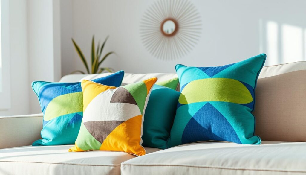 A cozy interior setting with a stylish arrangement of geometric throw pillows in vibrant shades of blue, green, and yellow. The pillows are positioned artfully on a plush, neutral-toned sofa, creating a visually striking contrast. Soft, diffused lighting illuminates the scene, casting gentle shadows and highlighting the textural details of the fabrics. The background features a clean, minimalist wall decor, allowing the geometric patterns to take center stage. The overall composition exudes a sense of modern, inviting elegance that would appeal to a Brazilian audience seeking interior design inspiration. A cozy interior setting with a stylish arrangement of geometric throw pillows in vibrant shades of blue, green, and yellow. The pillows are positioned artfully on a plush, neutral-toned sofa, creating a visually striking contrast. Soft, diffused lighting illuminates the scene, casting gentle shadows and highlighting the textural details of the fabrics. The background features a clean, minimalist wall decor, allowing the geometric patterns to take center stage. The overall composition exudes a sense of modern, inviting elegance that would appeal to a Brazilian audience seeking interior design inspiration.