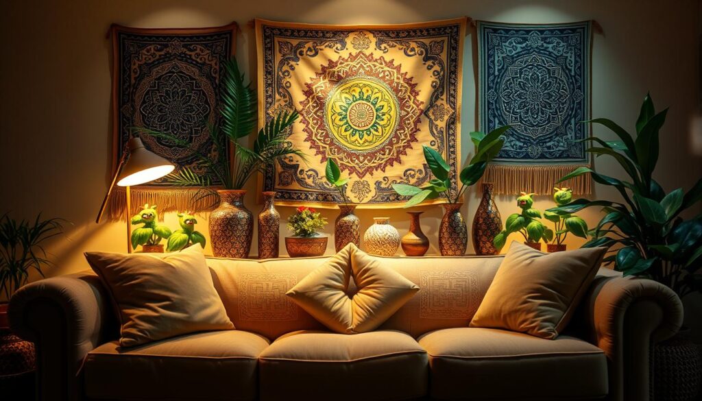 A cozy living room with a plush sofa and an artfully decorated space behind it. Warm, ambient lighting casts a gentle glow, highlighting an arrangement of lush greenery, decorative vases, and intricately patterned tapestries or wall hangings. Subtle textures and a harmonious color palette create a visually appealing and inviting atmosphere. The overall scene exudes a sense of comfort, elegance, and a touch of Brazilian flair, perfectly complementing the sofa and drawing the eye to this often overlooked but important area of the room. A cozy living room with a plush sofa and an artfully decorated space behind it. Warm, ambient lighting casts a gentle glow, highlighting an arrangement of lush greenery, decorative vases, and intricately patterned tapestries or wall hangings. Subtle textures and a harmonious color palette create a visually appealing and inviting atmosphere. The overall scene exudes a sense of comfort, elegance, and a touch of Brazilian flair, perfectly complementing the sofa and drawing the eye to this often overlooked but important area of the room.