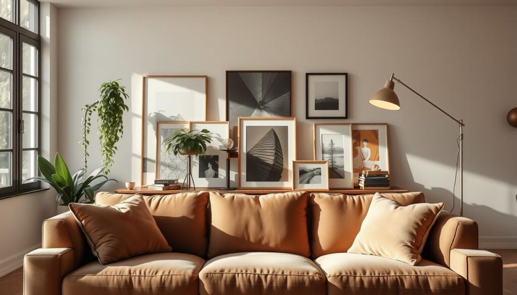 A cozy living room with a plush sofa as the centerpiece. Behind the sofa, a harmonious arrangement of decorative elements: a large, lush plant cascading down a wrought-iron stand, a series of framed artworks in varying sizes and styles, and a sleek, modern lamp casting a warm glow. The walls are painted in a soothing neutral tone, accentuating the carefully curated decor. Natural light filters in through large windows, creating a serene and inviting atmosphere. The overall composition exudes a sense of balance, sophistication, and Brazilian flair, perfectly complementing the section's title. Uma sala de estar aconchegante com um sofá macio como peça central. Atrás do sofá, um arranjo harmonioso de elementos decorativos: uma planta grande e exuberante em cascata sobre um suporte de ferro forjado, uma série de obras de arte emolduradas em diversos tamanhos e estilos e uma luminária elegante e moderna que emite um brilho aconchegante. As paredes são pintadas em um tom neutro e relaxante, acentuando a decoração cuidadosamente selecionada. A luz natural penetra pelas amplas janelas, criando uma atmosfera serena e convidativa. A composição geral exala equilíbrio, sofisticação e um toque brasileiro, complementando perfeitamente o título da seção.
