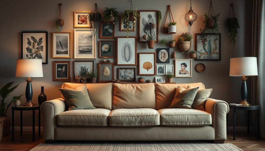 A cozy living room with a plush sofa as the focal point. Behind the sofa, a beautifully decorated wall with a mix of framed artwork, hanging plants, and unique décor pieces that complement the room's color palette. The wall is illuminated by soft, warm lighting, creating a inviting and visually appealing atmosphere. The overall style is a harmonious blend of modern and traditional elements, catering to the preferences of a discerning Brazilian audience. The scene exudes a sense of comfort, sophistication, and attention to detail that elevates the space. Uma sala de estar aconchegante com um sofá macio como ponto focal. Atrás do sofá, uma parede lindamente decorada com uma mistura de obras de arte emolduradas, plantas suspensas e peças de decoração exclusivas que complementam a paleta de cores do ambiente. A parede é iluminada por uma luz suave e aconchegante, criando uma atmosfera convidativa e visualmente atraente. O estilo geral é uma mistura harmoniosa de elementos modernos e tradicionais, atendendo às preferências de um público brasileiro exigente. O cenário exala uma sensação de conforto, sofisticação e atenção aos detalhes que eleva o espaço.