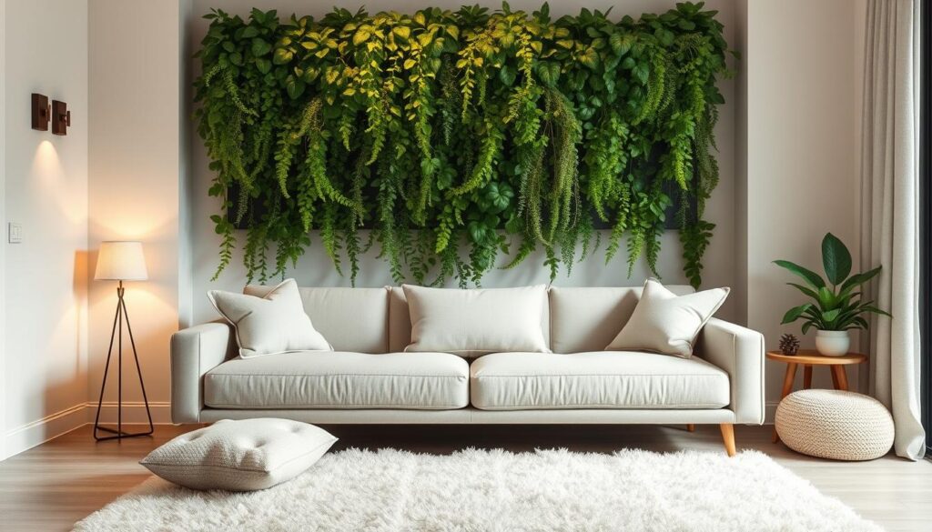 A cozy, minimalist living room with a sleek, low-profile sofa. Behind the sofa, a vibrant, lush green wall-mounted plant display cascades down, adding a touch of natural beauty and creating a focal point. Subtle, warm lighting from wall sconces and a small end table lamp casts a soft glow, enhancing the serene ambiance. Textured, neutral-toned throw pillows and a plush, off-white area rug tie the space together, making the most of the limited square footage. The composition is balanced, with clean lines and a harmonious color palette that exudes a calming, Brazilian-inspired aesthetic. Uma sala de estar aconchegante e minimalista com um sofá elegante e discreto. Atrás do sofá, um arranjo de plantas vibrantes e verdejantes pendurado na parede desce em cascata, adicionando um toque de beleza natural e criando um ponto focal. A iluminação suave e aconchegante, proveniente de arandelas e um pequeno abajur de mesa, cria um brilho suave, realçando o ambiente sereno. Almofadas texturizadas em tons neutros e um tapete felpudo em tom off-white unem o espaço, aproveitando ao máximo a metragem limitada. A composição é equilibrada, com linhas limpas e uma paleta de cores harmoniosa que exala uma estética relaxante de inspiração brasileira.