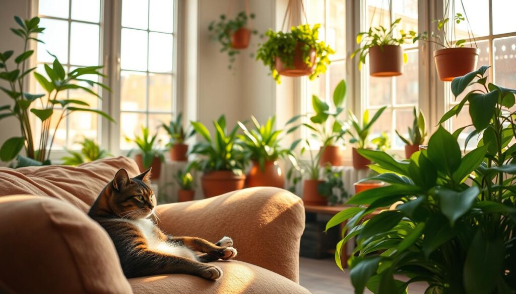 A cozy, sun-dappled corner of a bright, airy living room. In the foreground, a sleek, curious cat lounges lazily on a plush, earthy-toned sofa, its eyes fixed on a lush, verdant potted plant nearby. In the middle ground, an assortment of thriving houseplants in ceramic pots and hanging baskets add pops of vibrant green, creating a serene, nature-inspired atmosphere. The background features large windows that flood the space with warm, golden natural light, casting soft shadows and creating a sense of harmony between the living, breathing elements. The overall mood is one of tranquility and balance, showcasing how cats and plants can coexist beautifully in a cohesive, welcoming home environment.