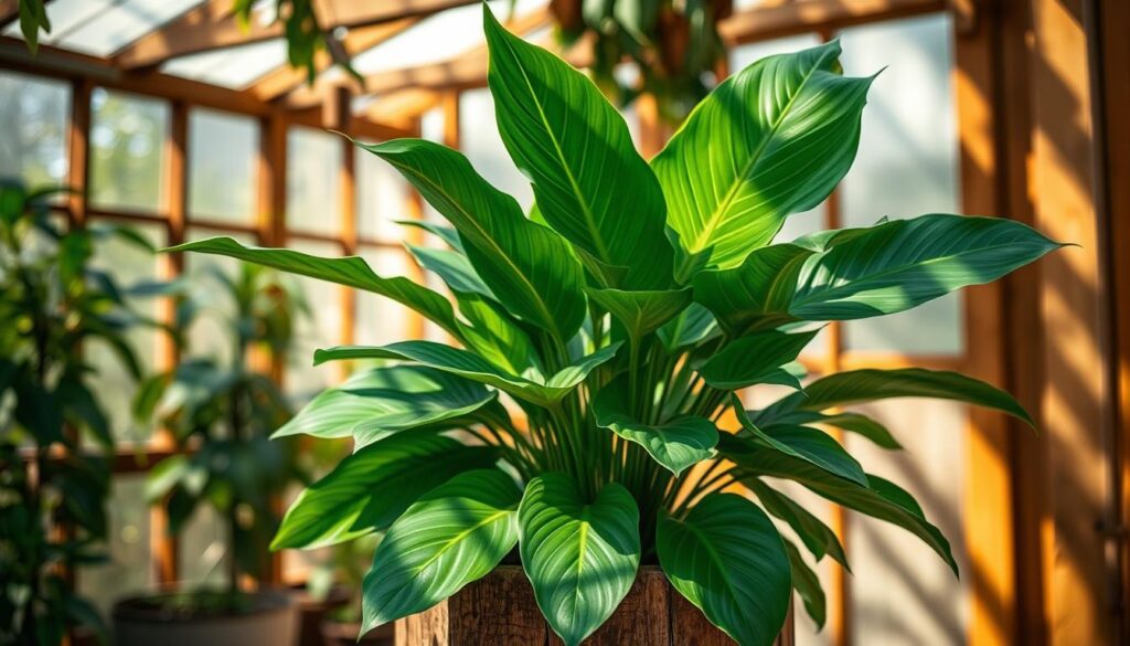 A lush and vibrant guaimbé plant, its broad leaves gently swaying in the warm, dappled light of a greenhouse. The plant's deep green foliage is a striking contrast against the rustic, weathered wooden planter it resides in. The scene evokes a sense of tranquility and renewal, capturing the essence of the guaimbé's ability to thrive and rejuvenate in a carefully curated indoor environment. The image is captured from a mid-level perspective, allowing the viewer to fully appreciate the plant's form and the care it has received. The lighting is soft and natural, casting subtle shadows that add depth and dimension to the scene. The overall composition is balanced and visually appealing, showcasing the guaimbé's natural beauty and highlighting its potential as a versatile and stylish addition to any home decor. Uma planta guaimbé exuberante e vibrante, com suas folhas largas balançando suavemente sob a luz quente e difusa de uma estufa. A folhagem verde-escura da planta contrasta intensamente com o vaso de madeira rústico e desgastado em que se encontra. A cena evoca uma sensação de tranquilidade e renovação, capturando a essência da capacidade do guaimbé de prosperar e rejuvenescer em um ambiente interno cuidadosamente planejado. A imagem é capturada de uma perspectiva de nível médio, permitindo ao observador apreciar plenamente a forma da planta e os cuidados que recebeu. A iluminação é suave e natural, projetando sombras sutis que adicionam profundidade e dimensão à cena. A composição geral é equilibrada e visualmente atraente, destacando a beleza natural do guaimbé e seu potencial como uma adição versátil e elegante a qualquer decoração de casa.