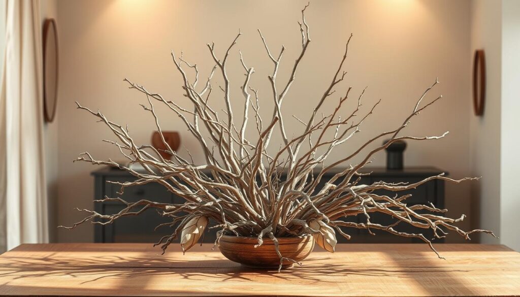 A meticulously arranged centerpiece composed of a harmonious array of dry, weathered branches of various shapes and sizes, delicately positioned atop a rustic, wooden table in a warm, softly lit dining room setting. The branches, in varying hues of brown and gray, are artfully arranged to create an organic, sculptural focal point, casting gentle shadows and adding a natural, earthy elegance to the space. The lighting, a combination of soft, ambient illumination and strategic spotlighting, casts a cozy, inviting glow, accentuating the textural details of the branches and the warm, mellow tones of the wooden table. The overall scene radiates a sense of tranquility, sophistication, and a deep connection to the natural world, perfectly capturing the essence of a chic, Brazilian-inspired interior design aesthetic.