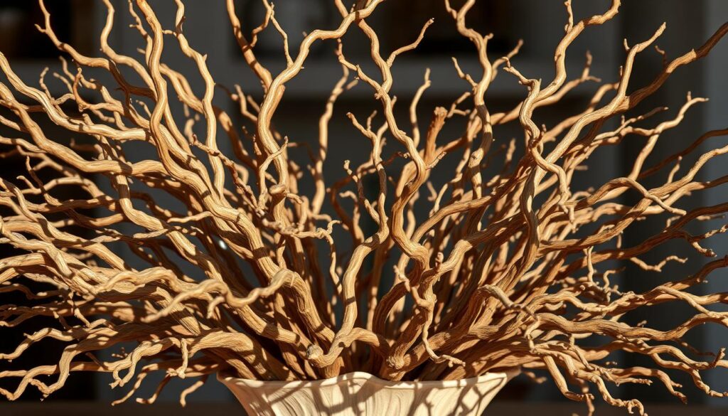 A neatly arranged display of dry, gnarled branches in warm, earthy tones, meticulously curated to create a captivating centerpiece. The branches, some twisted and others straight, are positioned with care, casting gentle shadows that add depth and dimension to the composition. The lighting is soft and natural, accentuating the intricate textures and nuances of the weathered wood. The overall atmosphere is one of rustic elegance, perfectly suited to adorn the interior of a cozy Brazilian home. The image evokes a sense of tranquility and a connection to the natural world, making it an ideal illustration for the "Como Escolher e Preparar Galhos Secos para Decoração" section of the article.