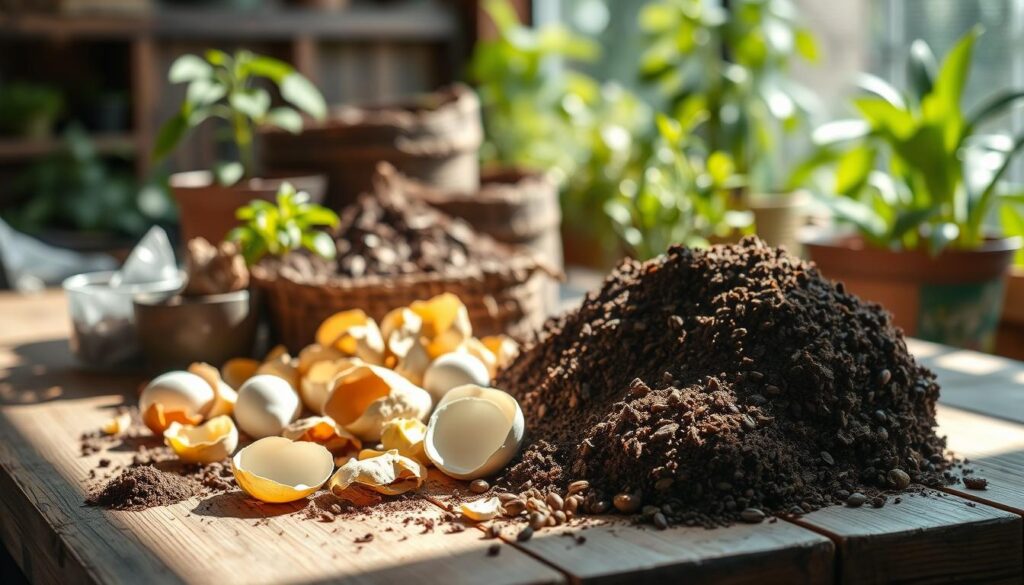 A rustic still life arrangement of various homemade organic fertilizers on a wooden table, with natural lighting casting soft shadows. The foreground features an assortment of common household items like coffee grounds, eggshells, and banana peels, while the middle ground showcases a compost bin or pile. The background includes potted plants and lush greenery, evoking a sense of a thriving, sustainable garden. The overall scene has a warm, earthy tone, capturing the essence of transforming everyday waste into valuable garden nutrients, suitable for a Brazilian audience seeking natural, cost-effective solutions.