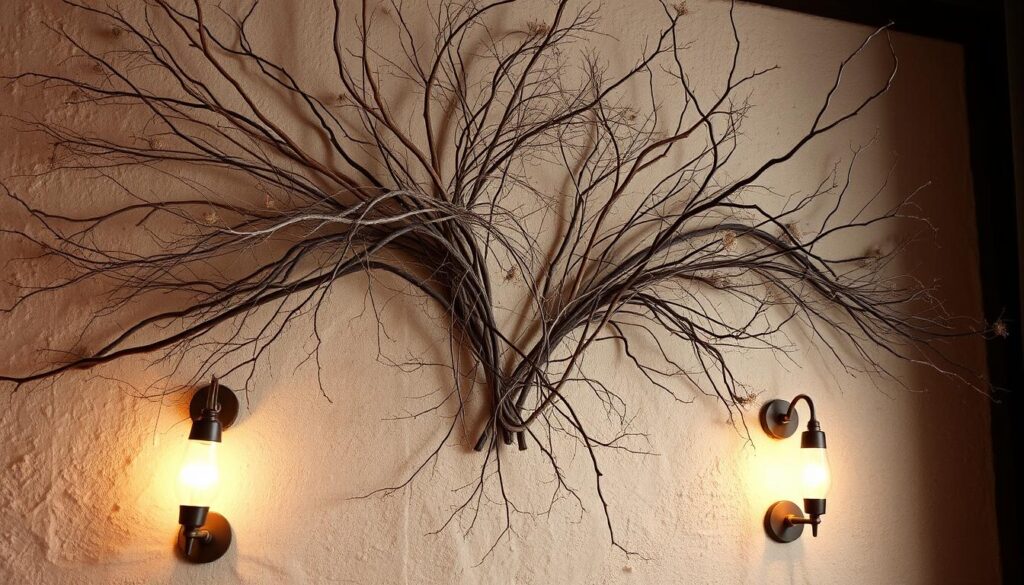 A rustic wall adorned with an elegant arrangement of dry, twisting branches in varying hues of brown and gray. The branches are strategically positioned, creating a visually striking and organic display that commands attention. Soft, warm lighting from sconces casts a gentle glow, accentuating the intricate textures and natural beauty of the dried foliage. The overall scene exudes a sense of tranquility and sophisticated simplicity, perfectly complementing the cozy, sophisticated ambiance of the Brazilian interior space.