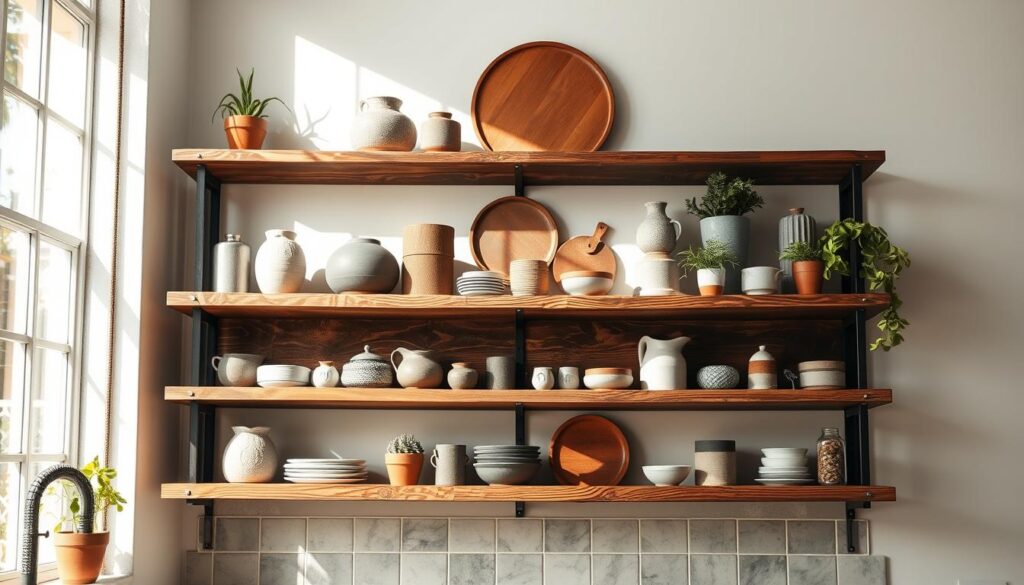 A rustic wooden industrial-style shelf stands prominently in a sunlit kitchen, its sturdy wooden planks and metal brackets creating a striking visual. Textures of the aged wood and matte metal create depth and visual interest. The shelf is adorned with a carefully curated collection of ceramics, potted plants, and other decorative items, showcasing its functionality and aesthetic appeal. Natural light filters in, casting warm shadows and highlights that enhance the shelf's industrial charm. The overall scene evokes a sense of organized simplicity, blending form and function in a way that would appeal to a Brazilian audience seeking to incorporate such a piece into their own kitchen design.