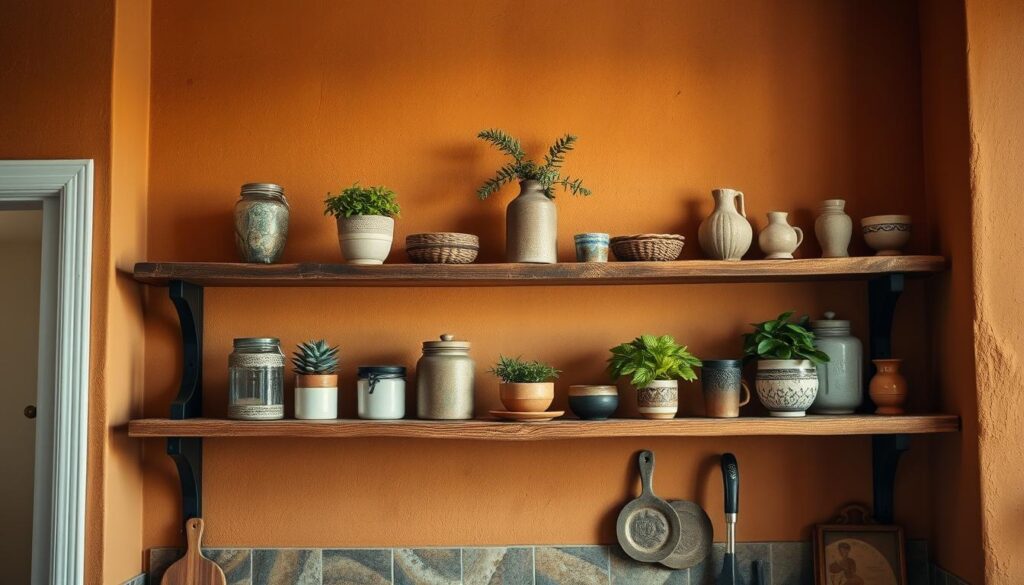 A rustic wooden shelf, its weathered surface subtly textured, stands elegantly against a backdrop of warm, earthy tones. Soft, diffused lighting casts a gentle glow, accentuating the natural beauty of the wood's grain. Carefully curated decorative items, such as potted plants, antique jars, and artisanal ceramics, are thoughtfully arranged, creating a visually harmonious and inviting display. The overall composition exudes a sense of warmth, comfort, and a touch of Brazilian charm, perfectly complementing the cozy, well-organized kitchen environment.