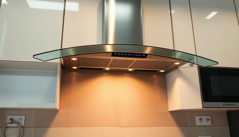 A sleek and modern kitchen appliance sits atop a gleaming countertop, its stainless steel exterior reflecting the warm lighting overhead. The cooktop hood, or "coifa" as it's known in Portuguese, is designed to efficiently extract steam, smoke, and odors, keeping the kitchen air fresh and clean. The curved, minimalist silhouette of the appliance suggests a high-end, integrated design that seamlessly blends with the surrounding cabinetry and decor. The image conveys a sense of sophistication and functionality, perfectly suited for the urban Brazilian apartment kitchen.