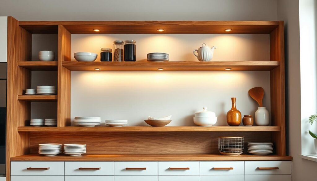A wood shelf with a natural grain, perfectly suited for a modern kitchen. The shelf's dimensions are carefully selected, offering ample storage space without overwhelming the room. Soft, warm lighting casts a gentle glow, highlighting the shelf's elegant design and the carefully curated items displayed upon it. The shelf's sturdy construction and clean lines seamlessly blend with the kitchen's overall aesthetic, creating a harmonious and visually appealing focal point. The scene conveys a sense of organization, functionality, and a touch of Brazilian-inspired style, perfectly suited for the article's subject and section title.